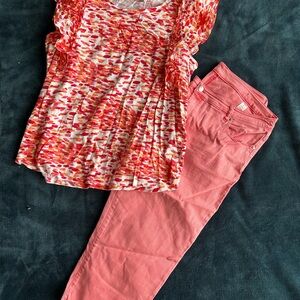 Chico's Red and Orange Patterned Top and pants set